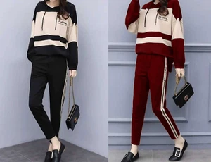 Mujer 2 Piezas Chándal Cuello Redondo Manga Larga Sudadera con Capucha Deportiva Top Pantalón - Imagen 1 de 9