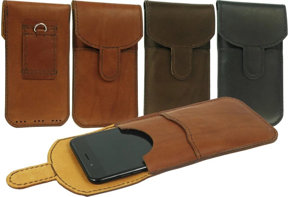 VERTICAL GENUINE LEATHER WAIST POUCH HAND SEWN OF COWHIDE CASE COVER FOR PHONES - Image 1 of 4