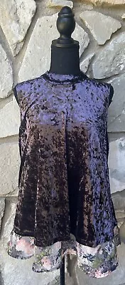 Mystree Crushed Velvet Top Medium Purple Layered Floral Print High Neck EC - Image 1 of 4