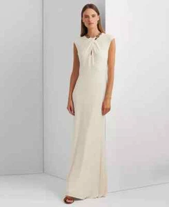 Lauren Ralph Lauren Embellished Cap-Sleeve Gown Women's 8 Winter Cream Back Zip - Picture 1 of 17