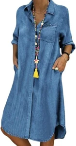 Women Long Sleeve Denim Button Up Shirt Dress Midi Jean Dress Flowy Tunic Shift - Picture 1 of 13