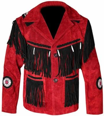Men Western Cowboy Suede Fringe Jacket Beaded Native American Leather Jacket - Image 1 of 4