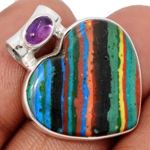 Heart - Composite Rainbow Calsilica & Amethyst 925 Silver Pendant CP68595 - Picture 1 of 1