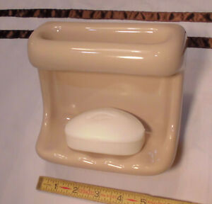 *Fawn Beige*  Glossy Ceramic Soap Dish Tray with washcloth holder/Grab Bar  NEW