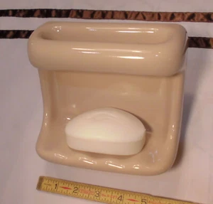 Fawn Beige:  Glossy Ceramic Soap Dish Tray with washcloth holder/Grab Bar  NEW - Picture 1 of 12
