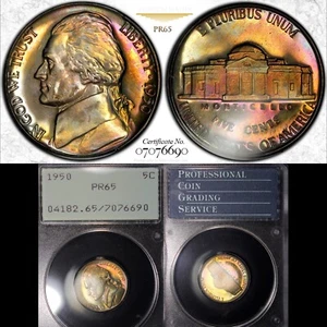 PR65 1950 5C Jefferson Proof Nickel, PCGS Rattler- Nicely Rainbow Toned - Picture 1 of 8