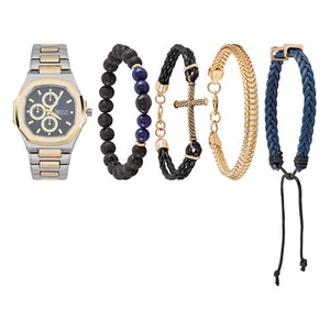 American Exchange Men's Analog Watch And 4 Piece Bracelet Set, Navy/Two Tone - Picture 1 of 3