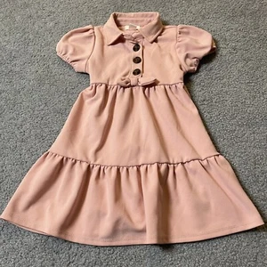 Girl’s Party Dress Sz 4T Pink Puff Sleeves Collared Tiered Buttons Bow Accent - Picture 1 of 8