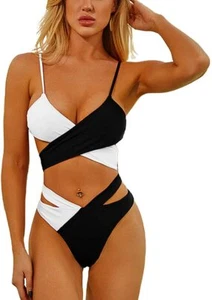 Women's Sexy 2 Pieces Contrast Color Cutout Crossover Bathing Bikini Set B/W M - Picture 1 of 12