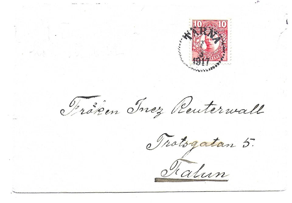 1917 Cover from Tärna in Västmanland Province Sweden to Falun 10 öre king stamp - Image 1 of 1