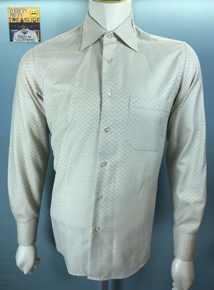 Mens Umberto Ferrari Italy 15.5 Medium 39 Ivory Eggshell Woven Zig-Zag BD Shirt - Image 1 of 4