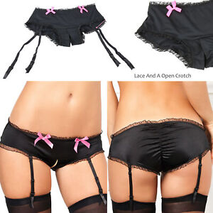 Women's Crotchless Panties Black Lace Lingerie Underwear w/ Removable Garters