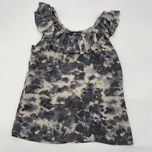 Banana Republic 100% Silk Gray White Blouse Ruffle Neck Sleeveless Blouse Sz XS - Picture 1 of 9