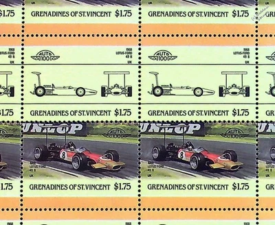 1968 LOTUS FORD 49/49B F1 Racing Car 50-Stamp Sheet (1986 Grenadines St Vincent) - Image 1 of 2