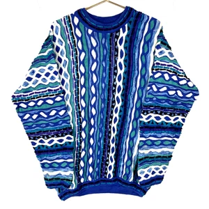 Vintage 1990s Grandpa 3D Knit Sweater Large Tall Blue Crewneck Pattern - Picture 1 of 8