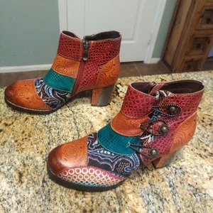 Womens US 6 2020 Vintage Printed Buttons Blok Heel Bootie Ankle Boots Shoes - Picture 1 of 12