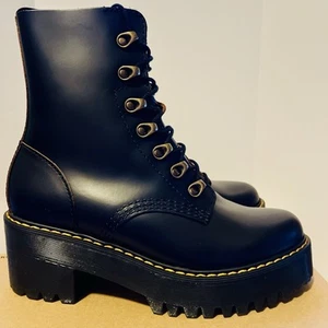 Dr Martens Leona Women's 7 Black Boots Vintage Smooth Leather Lug Platform Heels - Picture 1 of 10