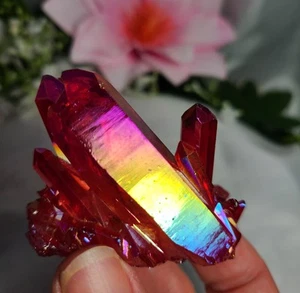 2.2" 58g Gorgeous Mini A+ Ruby Red Rainbow Aura Quartz Crystal Stone Cluster - Picture 1 of 24