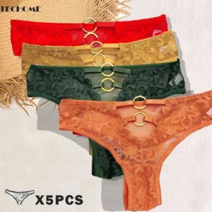 Sexy Lace Thong Panties-Metal Circle Buckle Lingerie Women Fashion Underwear 5pc - Picture 1 of 14