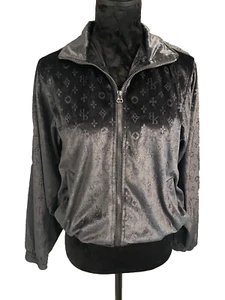 DAMEN VINTAGE Y2K RAW BLAU LV Stil LOGO Kapuze Langarm Reißverschluss GRAU Jacke-M/L - Bild 1 von 13