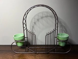 Akro Agate Vintage Metal Wire Arbor Gate Holder 292 Green Slag Glass Flower Pots - Picture 1 of 3