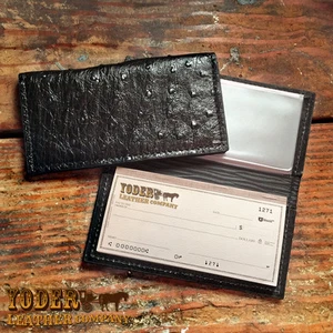 Black Ostrich Checkbook Cover Amish Handmade - Genuine Ostrich Check Holder - Picture 1 of 3
