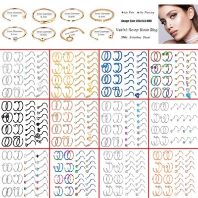 30-42PCS Opal/Crystal Nose Hoop Rings 20G 316L Steel Screw Pin Stud Piercing Kit - Image 1 of 4