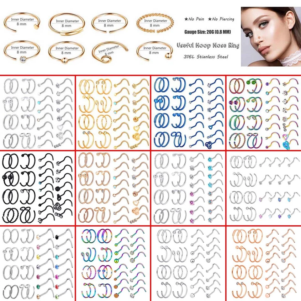 30-42 PIEZAS Ópalo/Cristal Nariz Aro Anillos 20G 316L Acero Tornillo Pin Perno Piercing Kit Foto 1 de 4