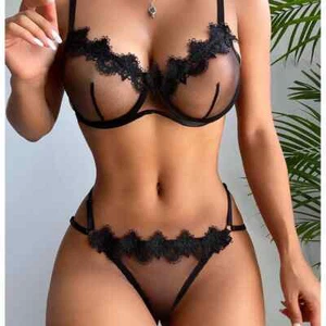 Women Lingerie Set Bra Thongs Underwire Two Piece Bowknot Transparent Mesh Lace - Picture 1 of 24