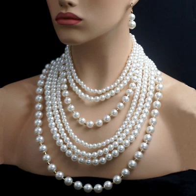 Conjunto de joyas pendientes babero collar cadena hebra multicapa perlas blancas 0094 Foto 1 de 4