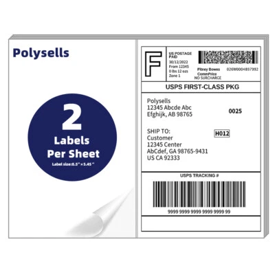 Shipping Labels 8.5x5.5 half sheet Self Adhesive 2 Per Sheet POLYSELLS 2UP - Image 1 of 4