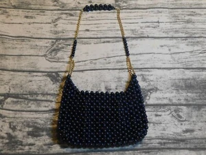 VTG 60's 70's NAVY BLUE WOOD BEADED BEAD GOLD CHAIN HANDBAG PURSE MCM JAPAN BOHO - Picture 1 of 14