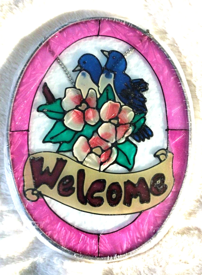 Percha de ventana de vitral vintage 8” X 6” * Pájaros * Flores * BIENVENIDO Foto 1 de 1