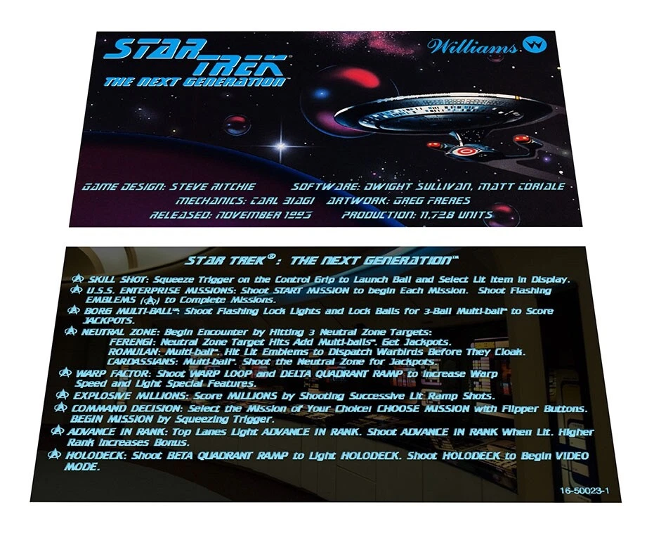 Williams Star Trek The Next Generation Pinball Custom Apron Instruction Cards - Image 1 of 1