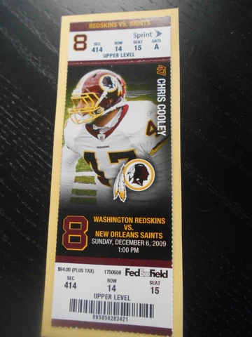 12/6/09 Washington Redskins New Orleans Saints Ticket Stub D. Thomas 2 TD's Cover