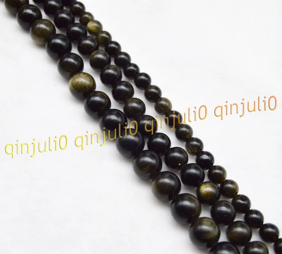 Cuentas sueltas de piedras preciosas redondas de obsidiana negra ojo dorado natural 15" 6 mm 8 mm 10 mm 12 mm Foto 1 de 4