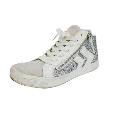 Dolce Vita Zuri Mid Top Sneakers 8.5 White Leather Silver Glitter Side Zip Laces - Image 1 of 4
