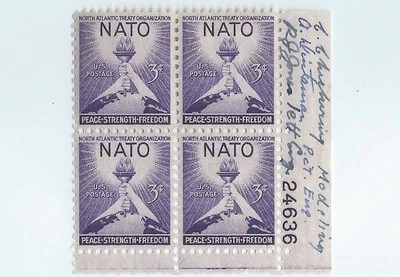 US Stamps Scott #1008 NATO Plate Block with 3 Signatures LH - Image 1 of 2
