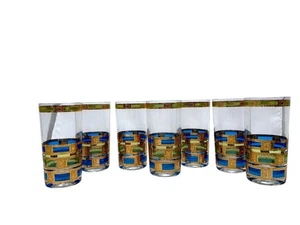 Culver Empress Mid-Century Set Of 7 Glasses 22K Gold Blue & Green Panels - Picture 1 of 11