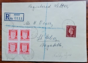 Jersey Reg Cover with 1 1/2d KGVI Def + bl of 4 1d Arms Chalky Paper (2v Dry Ptg - Picture 1 of 2