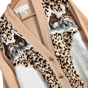 Vintage Escada Womens L Wool Cashmere Silk Cardigan Leopard Bear Art to Wear 80s - Picture 1 of 10