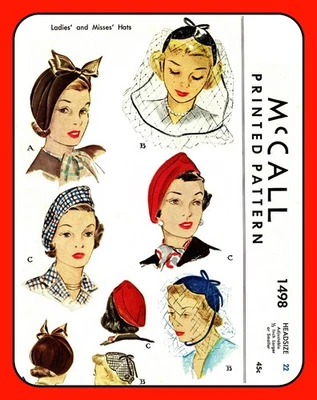Vintage 1940's HAT Pattern TURBAN Cap BERET Ladies 21.5"-22.5" McCall 1498 - Image 1 of 4