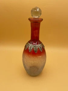 (306) Red glass decanter with stopper & crackled bottom - made in India - Picture 1 of 8