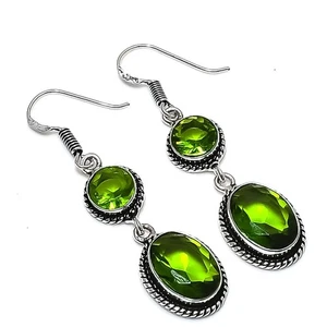 Green Peridot Gemstone 925 Sterling Silver Handmade Jewelry Earring Size 2" - Picture 1 of 1