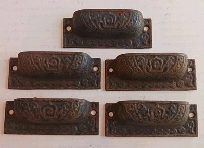 Antique Late 1800's Cast Iron Bin Drawer Cabinet Door Pulls Hardware  Lot of 5  - Image 1 of 4