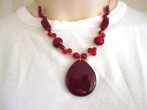 18-21"  Bead Pendant Necklace Dark Red Acrylic Silver Tone Lobster Clasp - Picture 1 of 4