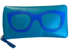 ILI Genuine Leather Eyeglass Case With Frame Graphic In Aqua/Cobalt - Picture 1 of 2
