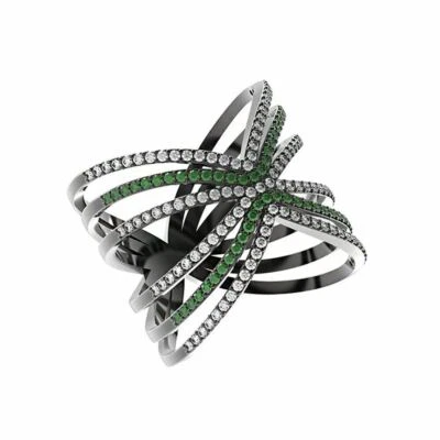 Natural Pave Diamond Chrome Diopside Gemstone 925 Silver Criss Cross Ring - Image 1 of 4