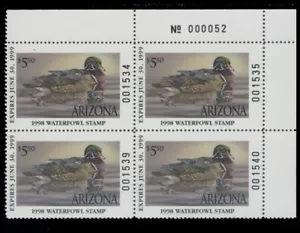 1998 Arizona State Duck Stamps Mint Never Hinged. Plate Block of 4. - Picture 1 of 1