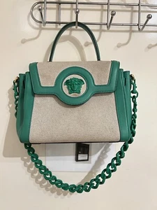 Versace La Medusa Green Leather Top Handle Canvas Satchel Tote Crossbody Purse - Picture 1 of 9